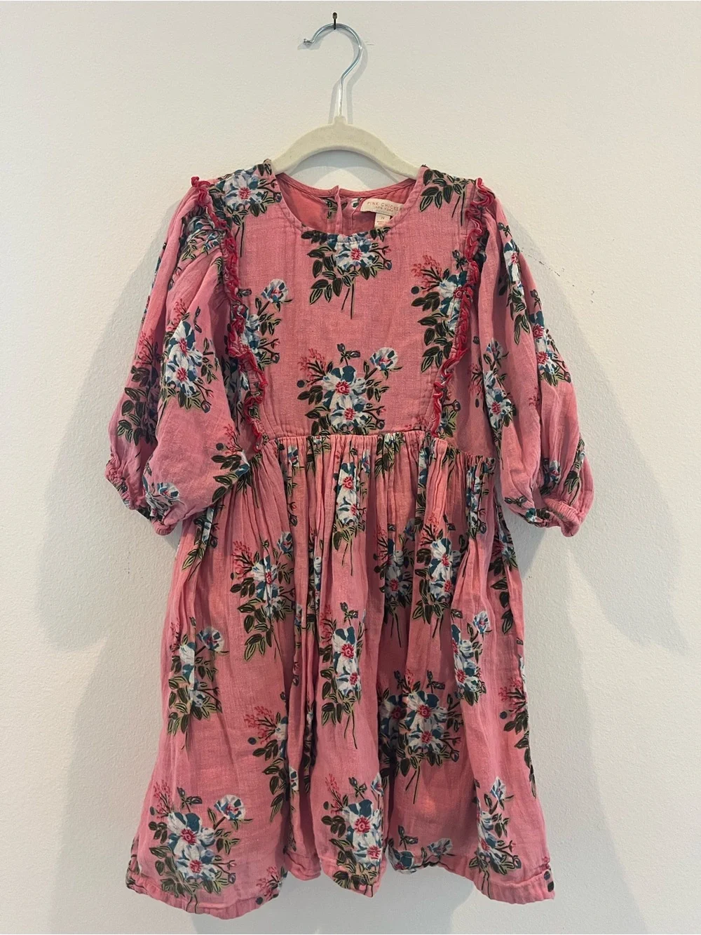 Pink Chicken - Girls Pink Floral Puff-Sleeve Dress - size 7